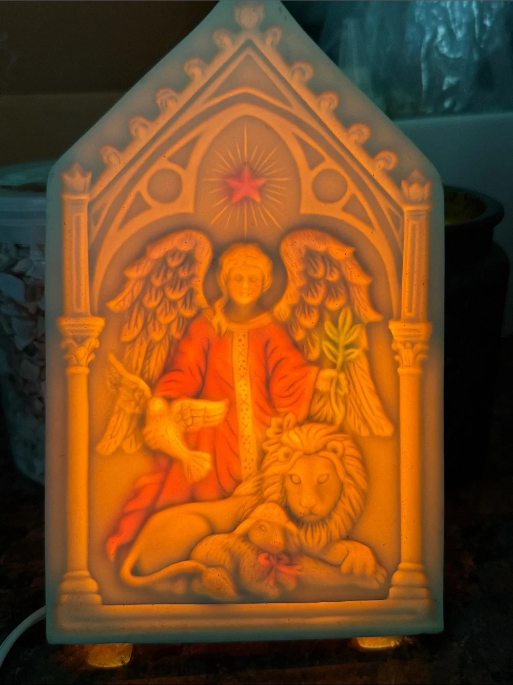 Christmas nite light cream color when unlit angel lion dove of peace lamb 🐑